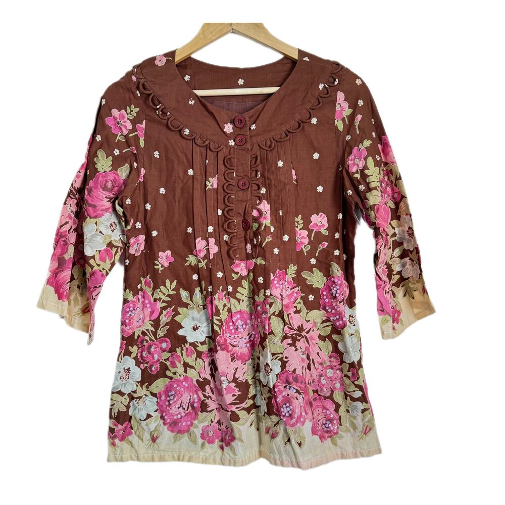 Storybook Rose Floral Bohemian Pleated Tunic with Pleats and Decorative Edging